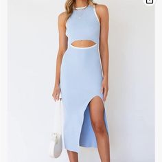 Never Worn Trendy Blue Midi Beach Dress, Trendy Blue Beach Midi Dress, Trendy Blue Midi Dress For Beach, Chic Light Blue Midi Dress For Day Out, Chic Blue Midi Dress For Day Out, Trendy Blue Brunch Dresses, Chic Blue Midi Dress For Brunch, Trendy Blue Midi Dress For Spring, Blue Midi Dress