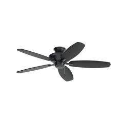 a black ceiling fan with four blades on the top and one light on the bottom