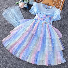 Toddler Girls Frozen Elsa Cloak Tulle Glittery Dress Summer Princess Style Fairy Dress, Multicolor Fairy Dress For Dress-up, Fairy Style Dress-up Dresses For Summer, Fairy Style Dress For Summer Dress-up, Fairy Princess Dress For Summer Dress-up, Blue Fairytale Fairy Dress With Ruffles, Fairy Style Summer Dresses For Costume Party, Blue Fairy Dress With Ruffles, Princess Style Fairy Dress For Summer Costume Party