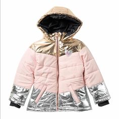 Size Run Small. More Like Size 10 - Attached Hood - Zip Front Closure - Long Sleeves - Colorblock - Metallic Accents - Dual Front Slip Pockets Fiber Content: 100% Polyester Care:Machine Wash Cold Pink Puffer Jacket, Colorful Jacket, Metallic Jacket, Hooded Puffer Jacket, Puff Jacket, Puffy Coat, Girls Jacket, Faux Fur Coat, Metallic Accents