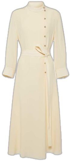 Formal Long Sleeve Silk Dress For Summer, Chic Silk A-line Dress For Work, Knee-length Beige Midi Dress For Formal Occasions, Elegant Beige Belted Dress, Spring Formal Silk Midi Dress, Elegant Daywear Dress With Belt, Chic Silk Dress With Tie Waist, Elegant Belted Midi Dress With Button Closure, Elegant Beige Midi Length Belted Dress