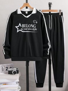 2pcs/Set Teen Boys Boy Casual Star & Slogan Printed Hoodie And Sweatpants Set, Spring Autumn Black     Geometric,Letter  Non-Stretch  Teen Boys Clothing, size features are:Bust: ,Length: ,Sleeve Length: Hoodie And Sweatpants Set, Teen Boy Outfits, Boy Outerwear, Hoodie And Sweatpants, Estilo Hip Hop, Sweatpants Set, Casual Athletic, Boys Set, Teenage Boys