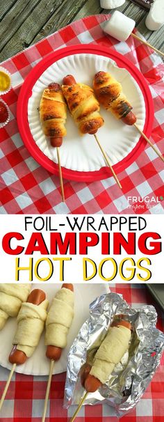 a collage of pictures with hot dogs on skewers and the words foil - wrapped camping hot dogs