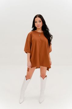 Our exclusive warehouse sale tee with foxy kind logo. Our oversized t-shirt dress is the perfect cozy/casual dress. You can wear it by itself as a dress or with our V Cute Leather Pants as an oversized tee. Color: Rust Care: Delicate wash cold, lay flat to dry. 25” from the neck to the bottom front 30.5” from neck to bottom of back based on size small Material: 100% Cotton V Cute, Timor Leste, Oversized T Shirt, Oversized Tee, Guinea Bissau, Turks And Caicos Islands, Dress Romper, Mozambique, Oversized Tshirt