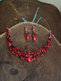 Crystal Rhinestone Jewelry For Prom, Red Rhinestone Necklace For Party, Red Rhinestone Jewelry Sets For Wedding, Red Crystal Jewelry Sets For Valentine's Day, Red Ruby Jewelry Sets For Party, Red Rhinestone Party Necklaces, Red Rhinestone Evening Necklaces, Red Rhinestone Evening Jewelry, Red Rhinestone Necklaces For Evening