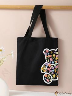 BirdinBag - Double-Sided Printed Single Shoulder Tote Bag with Cartoon Flower Teddy Bear Design Trendy Flower-shaped Bag For Gifts, Rectangular School Bag With Floral Print, Rectangular Floral Print School Bag, Black Rectangular Shoulder Bag With Floral Print, Black Floral Print Tote Bag, Everyday Black Bag With Floral Print, Trendy Floral Print Bags For Daily Use, Casual Multicolor Flower-shaped Shoulder Bag, Black Floral Print Shoulder Bag For Everyday Use