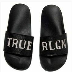 Brand Is True Religion Size 8 Black Slide Sandals Will Easily Match With Any Outfit Excellent Condition Casual Silver Leather Slides, Open Toe Slides For Streetwear, Trendy Silver Slide Sandals, Casual Silver Slip-on Slides, Black Round Toe Slides For Party, Casual Silver Slides With Round Toe, Trendy Black Leather Slides, Silver Sandals With Studded Rubber Outsoles And Round Toe, Silver Synthetic Slides With Round Toe