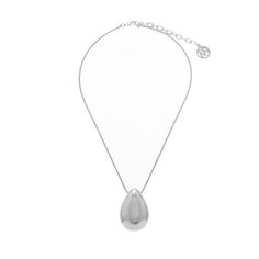 Introducing the Sheena Necklace from our Liza Collection, inspired by Liza Minnelli. This contemporary silver necklace has a 36'' L cord x 1 3/4'' L pendant that can be worn with a variety of necklines. Handcrafted with imitation rhodium-plated tin alloy, this sculpted silver necklace is the must-have jewelry of the season. All jewelry is made to order in our New York City Design Studio. Please allow 7-14 business days for production before the ship date. Metal Teardrop Pendant Necklace, Elegant Silver Teardrop Pendant Chain Necklace, Modern Teardrop Large Pendant Necklaces, Silver Teardrop Pendant Chain Necklace, Silver Necklace With Large Pendant And Snake Chain, Silver Snake Chain Necklace With Large Pendant, Modern Silver Necklace With Oval Pendant, Modern Silver Necklaces With Adjustable Chain, Metal Teardrop Pendant Necklace With Large Pendant