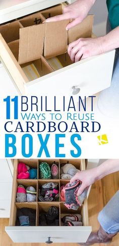 an open box filled with shoes and the words brilliant ways to reuse cardboard boxes