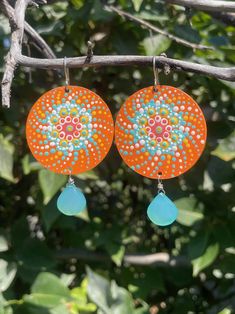 Hand painted mandala style paint dot art wooden earrings with large bright blue chalcedony teardrop in sterling silver. Paint Dot Art, Circle Mandala, Wooden Circle, Painted Mandala, Dot Art, Wooden Earrings, Blue Chalcedony, Dots Art, Bright Blue