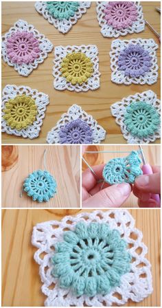 crocheted doily is being worked on by someone using yarn to make it