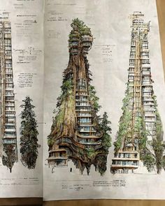 an open book with drawings of trees and buildings on the pages is shown in this image