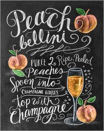 a chalkboard menu with peaches and champagne