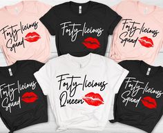 four t - shirts with red lipstick on them and the words, fly flying squad