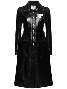 Front button closure. Two front patch pockets. Lined. Model is wearing a size36 Fitted Luxury Outerwear With Snap Buttons, Luxury Fitted Outerwear With Snap Buttons, Designer Fitted Outerwear With Double Button Closure, Designer Outerwear With Pockets, Designer Fitted Outerwear With Snap Buttons, Vinyl Trench Coat, Fitted Coat, Trench Coat Black, Shearling Jacket