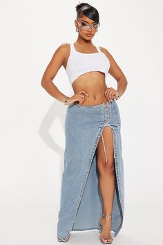 Daydreaming Lace Up Denim Maxi Skirt - Medium Wash Bull Head, Denim Maxi, Sports Skirts, Denim Maxi Skirt, Bottom Clothes, Matching Dresses, Bell Bottoms, Side Zip, Dresses For Sale