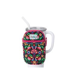 Swig Life Caliente Neoprene Mega Mug Pouch with Zipper on a White 40oz Mega Mug Mega Mug, Otomi Embroidery, Solid Black Background, Keychain Wallet, Linen Spray, Zippered Pouch, Handbag Charms, Star Spangled, Cute Cups