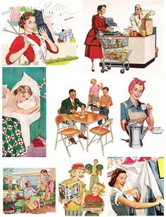 several pictures of women and children in the kitchen