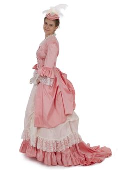 You will adore wearing this fabulous 3-piece dress! You choose the dupioni color for the polonaise jacket and underskirt, as well as the lace and taffeta color for the overskirt and trim on the jacket. This set consists of three pieces: a Polonaise, taffeta overskirt and dupioni underskirt. The polonaise bodice has a square neckline in front accented with lace, and framed by a lace-overlay in center front and back. Elbow length sleeves have a dupioni ruffle and lace flounces. The underskirt is m Fitted Marie Antoinette Dress With Ruffles, Marie Antoinette Style Fitted Dress With Ruffles, Rococo Lace Costume Dress, Regency Style Lace Trim Dress For Costume Party, Pink Fitted Victorian Dress For Costume Party, Marie Antoinette Style Victorian Dress With Ruffles, Fitted Lace Trim Dress For Fancy Dress, Marie Antoinette Style Ruffled Gown, Marie Antoinette Style Gown With Ruffles