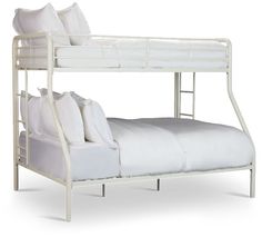 a bunk bed with white sheets and pillows on top of it, against a white background