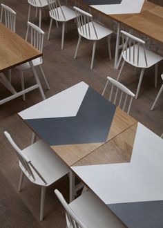 several tables and chairs in a room with wood flooring