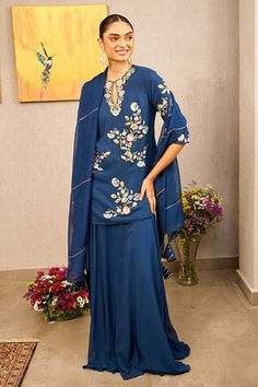 Blue kurta with thread embroidery in floral pattern. Paired with lehenga and dupatta. - Aza Fashions Blue Sharara With Gota Work For Festive, Blue Sets With Sheer Dupatta For Diwali, Blue Georgette Sharara With Gota Work, Blue Salwar Kameez With Gota Work For Reception, Semi-stitched Blue Palazzo Set For Diwali, Semi-stitched Blue Palazzo Set For Reception, Blue Semi-stitched Palazzo Set For Diwali, Royal Blue Sharara With Zari Work, Blue Semi-stitched Palazzo Set For Reception