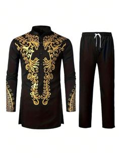 Men's Long Sleeve African Tradition Gold Printed Button-Up Shirt Black     Animal,Plain,Tribal  Slight Stretch  Men Traditional & Cultural Wear, size features are:Bust: ,Length: ,Sleeve Length: Mens Suit Black, Cultural Wear, African Traditions, Printed Sleeveless Top, Elegant Dresses Long, Gold Print, Party Shirts, Night Outfits, Colorful Leggings