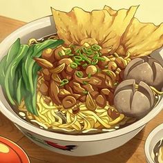 a bowl filled with noodles and vegetables on top of a wooden table