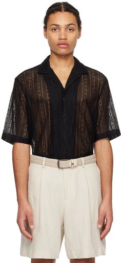 Semi-sheer stretch nylon macramé shirt. · Open spread collar · Button closure Supplier color: Black Mens Clubbing Outfits, Sheer Shirt Outfits, Genderqueer Fashion, Sheer Black Shirt, Clubbing Outfit, Cocktail Attire Men, Sheer Long Sleeve Dress, Black Lace Shirt, Sheer Shirt