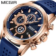 @! MEGIR fashion watches for men Waterproof Large dial... Luxury Clock, Fitness Watches For Women, Fashion Calendar, Mens Chronograph, Chronograph Watch Men, Big Face, Silicon Bands, Quartz Clock, Stainless Steel Band