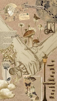 an artistic collage with mushrooms, flowers, and other things on it's surface