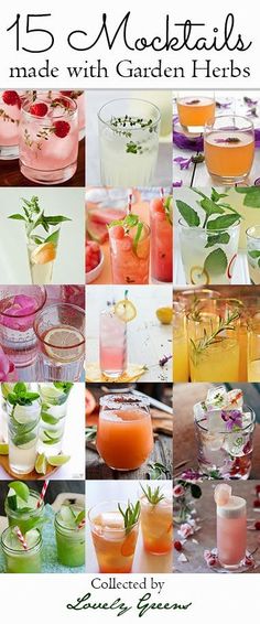 the cover of 15 cocktails made with garden herbs is shown in many different colors