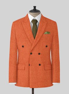 Represent your pleasant image to the world with our Naples Spring Orange Tweed Double Breasted Suit that inherits you the gift of luxury. Cut from a pure wool fabric, our double-breasted suit evokes a fresh and zesty orange shade with a smooth texturized look giving perfection to your attire. In addition, our suit offers extreme warmth that keeps you calm and together for the entire day. So unfold your innate lifestyle with this piece that serves as the reflection of your passion in style.   Lo Green Linen Trousers, Spring Orange, Black Linen Shirt, Blue Linen Pants, Herringbone Suit, Tweed Pants, Designer Suits For Men, Herringbone Tweed, Green Suit