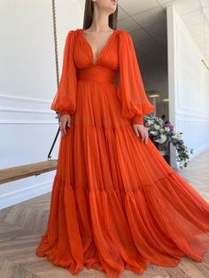 Teuta Matoshi, Orange Chiffon, Drape Gowns, Drape Maxi Dress, فستان سهرة, Ball Gowns Prom, Prom Dresses With Sleeves, Guest Dress, Prom Dresses Long With Sleeves