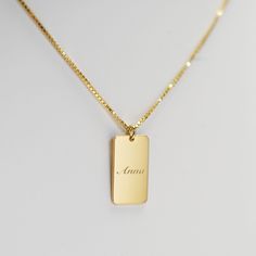 "Name Tag Necklace DETAILS * Handmade & Made to Order * Materials: 18K Gold Vermeil & 925 Sterling Silver * Style: Name Tag Necklace DESCRIPTION * Material: High Quality Solid 925 Sterling Silver * Finish: 18K Gold Vermeil * Dimensions: 12mm x 20mm * Chain length: 16\", 18\" or 20\" HOW TO ORDER * Select your finish in the drop-down menu and \"ADD TO CART\". PACKAGING DETAILS * All items are nicely packaged ready to gift in a jewelry box. PRODUCTION TIME * Ready to ship in 1 - 2 business Elegant Nameplate Box Chain Jewelry, Gift Box Chain Necklace With Rectangular Pendant, Dainty Engraved Rectangular Jewelry, Classic Necklace With Rectangular Pendant For Gifts, Dainty Rectangular Engraved Jewelry, Rectangular Pendant Box Chain Necklace As Gift, Rectangular Pendant Box Chain Necklace For Gifts, Rectangular Pendant Box Chain Jewelry Gift, Elegant Box Chain Necklace For Personalized Gift