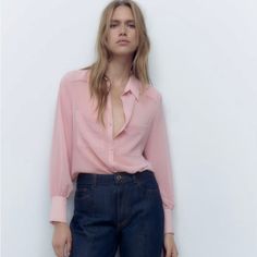 Collared Shirt With A V-Neckline And Long Sleeves. Front Patch Pockets. Button-Up Front With Matching Covered Buttons. Pink | 3564/192 Sheer Pink Button Up, Chic Pink V-neck Shirt, Pink Feminine V-neck Shirt, Zara Feminine Button-up Tops, Feminine Zara Button-up Top, Zara V-neck Workwear Blouse, Zara V-neck Workwear Shirt, Zara V-neck Shirt For Workwear, Zara V-neck Shirt For Work