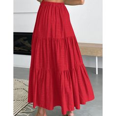 Red Cotton Blend Swing Maxi Skirt with Pockets Red Casual Midi Skirt, Casual Red Midi Skirt, Red Long Skirt For Vacation, Casual Red Long Skirt, Red Flared Maxi Skirt For Beach, Red Flared Maxi Skirt For The Beach, Red Tiered Maxi Skirt For Vacation, Relaxed Red Maxi Skirt For Beach, Red Tiered Maxi Skirt For Beach