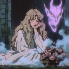 a woman with long hair sitting in front of a demon head and surrounded by clouds