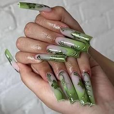 Leopard Nail Designs, Cheetah Nail Designs, Long Press On Nails, Cheetah Nails, Leopard Print Nails, Green Nail Designs, Flower Nail Designs, Square Acrylic Nails, Chrome Nails