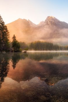 the mountains are covered with mist and trees in the foreground, while the water is still calm