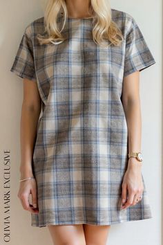 Olivia Mark - Elegant Plaid Shift Dress - A Timeless Fashion Statement Short Sleeve Plaid Dress For Fall, Beige Short Sleeve Mini Dress For Fall, Beige Mini Dress With Short Sleeves For Fall, Short Sleeve Shift Dresses For Fall, Beige Short Sleeve Dress For Fall, Beige Short Sleeve Dresses For Fall, Shift Dress, Fashion Statement, Timeless Fashion