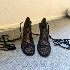 Only A Little Worn But Such A Cool Pair Of Shoe. Laces Lace Up All The Way To Half Calf. 4 Inch Heel Black Wedding Shoes, Marc Jacobs Shoes, Shoes Vintage, Jacob Black, 4 Inch Heels, Vintage Shoes, Embroidered Lace, Wedding Shoes, Shoes Women Heels