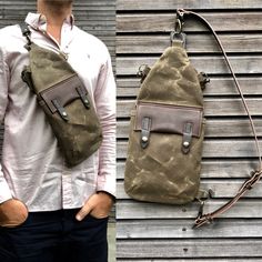 Waxed canvas sling bag / fanny pack / chest bag / day bag/  with leather shoulder strap Canvas Sling Bag, Waxed Canvas Backpack, Small Zipper Pouch, Small Messenger Bag, Chest Rig, Leather Fanny Pack, Canvas Messenger Bag, Canvas Backpack, Waxed Canvas