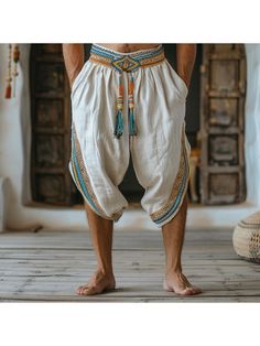 Men Linen Pants, Men's Holiday Bohemian Five-point Linen Harem Pants Beige Harem Pants For Summer, Beige Bohemian Pants With Pockets, Bohemian Harem Pants With Pockets For Summer, Bohemian Summer Harem Pants With Pockets, Beige Harem Bottoms For Summer, Summer Beige Harem Bottoms, Traditional Harem Pants For Summer Vacation, Traditional Harem Pants For Vacation And Summer, Traditional Style Bottoms For Summer Vacation