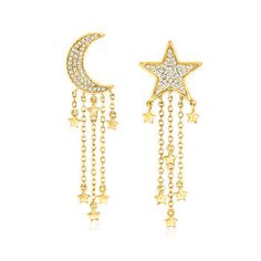 Ross-Simons - .26ct t. w. Diamond Moon, Star Mismatched Drop Earrings in 14kt Yellow Gold. You'll dream about wearing these moon and star mismatched drop earrings. The celestial bodies glow with .26 ct. t. w. diamonds and shower down stars on fringed cable chains. Crafted in 14kt yellow gold. Hanging length is 1 1/2". Post/clutch, diamond mismatched moon and star drop earrings. Diamond birthstones are the perfect gift for April birthdays. Celestial Yellow Gold Cubic Zirconia Earrings, Celestial Star Earrings For Anniversary, Celestial Dangle Earrings For Anniversary, Star Drop Earrings, Star And Moon Necklace, Diamond Birthstone, Fine Jewelery, Earrings Diamond, Natural Gold