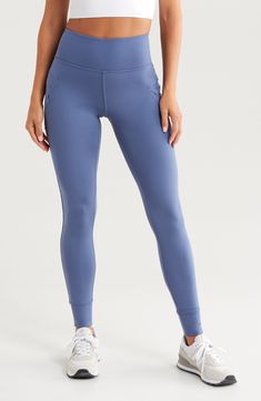 Running errands and hitting the trails will be comfortable even in cooler temps with high-waisted leggings featuring a cozy fleece interior and side pockets. The leggings are designed with a wide waistband that's easy to pull on, roomy side pockets for storing small essentials and banded cuffs. 29" inseam; 9" leg opening; 11" front rise; 14" back rise (size Medium) Side envelope pockets; side hidden-zip pocket Fleece lining 79% polyester, 21% spandex Machine wash, tumble dry Imported Midweight Casual Workout Leggings, Midweight Full-length Athleisure Leggings, High Stretch Athleisure Bottoms For Outdoor Activities, Blue Stretch Activewear For Outdoor Activities, Blue Stretch Activewear For Outdoor, Tight Athleisure Activewear For Outdoor Activities, Casual Solid Midweight Leggings, Midweight Blue Sports Bottoms, Athleisure Activewear Long Pants For Outdoor Activities