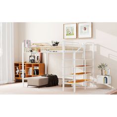 a white loft bed sitting next to a book shelf filled with books on top of a hard wood floor