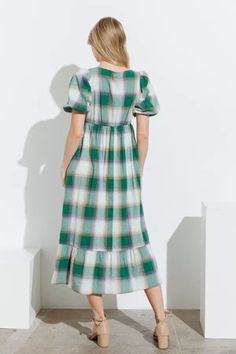 Green plaid midi dress-NEW – JanieLanie Nursing Friendly Tops, Modest Boutique, Nursing Friendly Dress, Square Neck Midi Dress, Temple Dress, Modest Maxi, Modest Tops, Elastic Sleeves, Modest Skirts