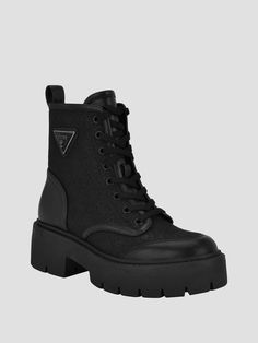 Utility boots Quattro G jaquard pattern Faux-leather panels Triangle logo Round toe Lug sole Material: Synthetic Utility Boots, Black Combat Boots, Round Logo, Triangle Logo, Lug Sole, Black Boots, Combat Boots, Bootie Boots, Shoe Boots