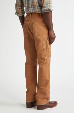 "Find DOUBLE RL Hamilton Distressed Carpenter Pants on Editorialist. Ralph Lauren's collection inspired by vintage Americana expands its ranks with these straight-leg carpenter pants detailed with hand-distressed pigmentation and paint splatters. 16 1/2\" leg opening; 12 1/2\" front rise; 16 1/2\" back rise Zip fly with button closure Five-pocket style 100% cotton Machine wash, tumble dry Imported Designer Clothing" Double Rl, Paint Splatters, Khaki Pants Men, Pants Details, Vintage Americana, Ralph Lauren Collection, Carpenter Pants, Mens Khakis, Nordstrom Store